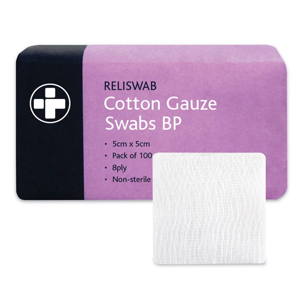 Reliswab Cotton Gauze Swabs BP - 8 Ply - 5cm x 5cm - Pack of 100