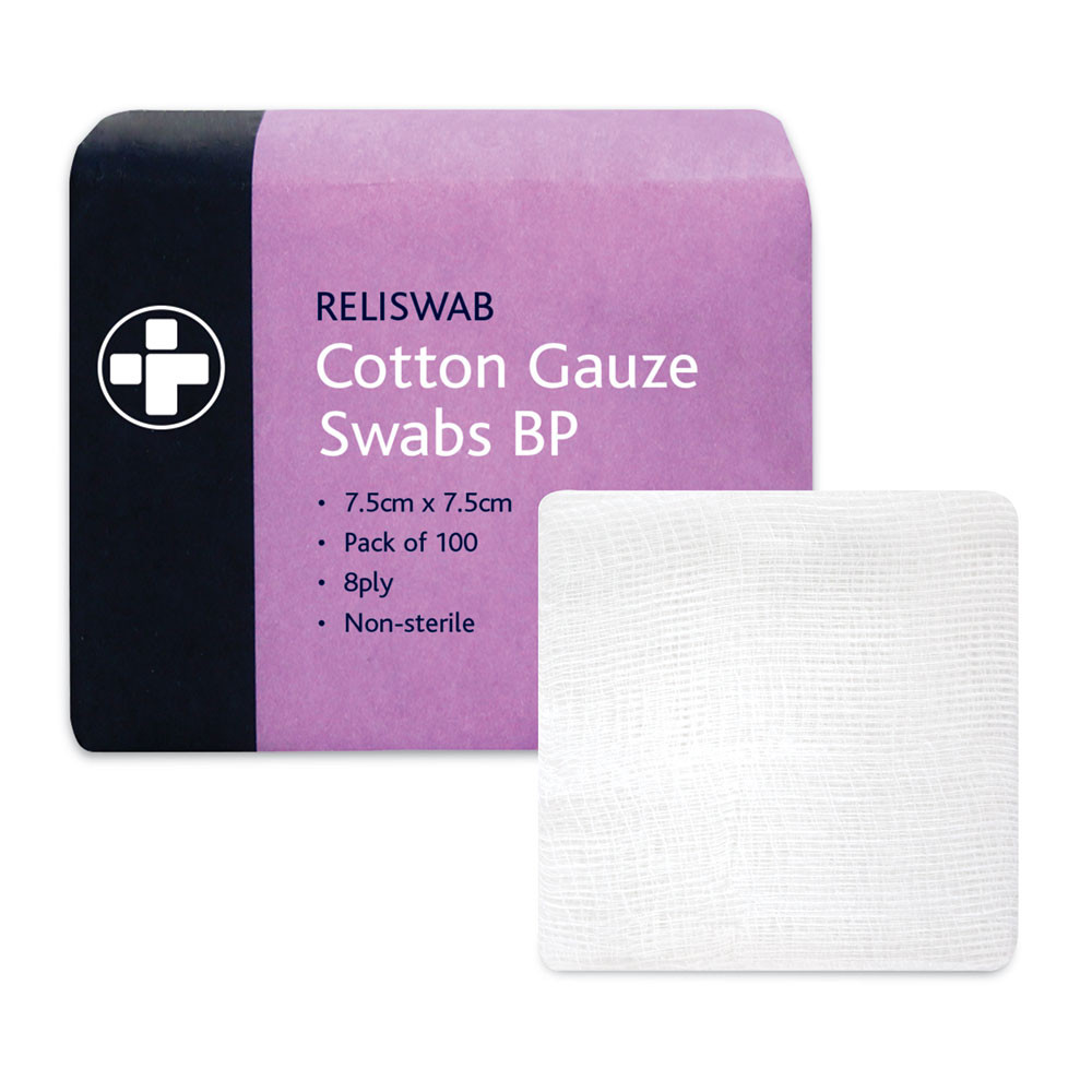 Reliswab Cotton Gauze Swabs BP - 8 Ply - 7.5cm x 7.5cm - Pack of 100