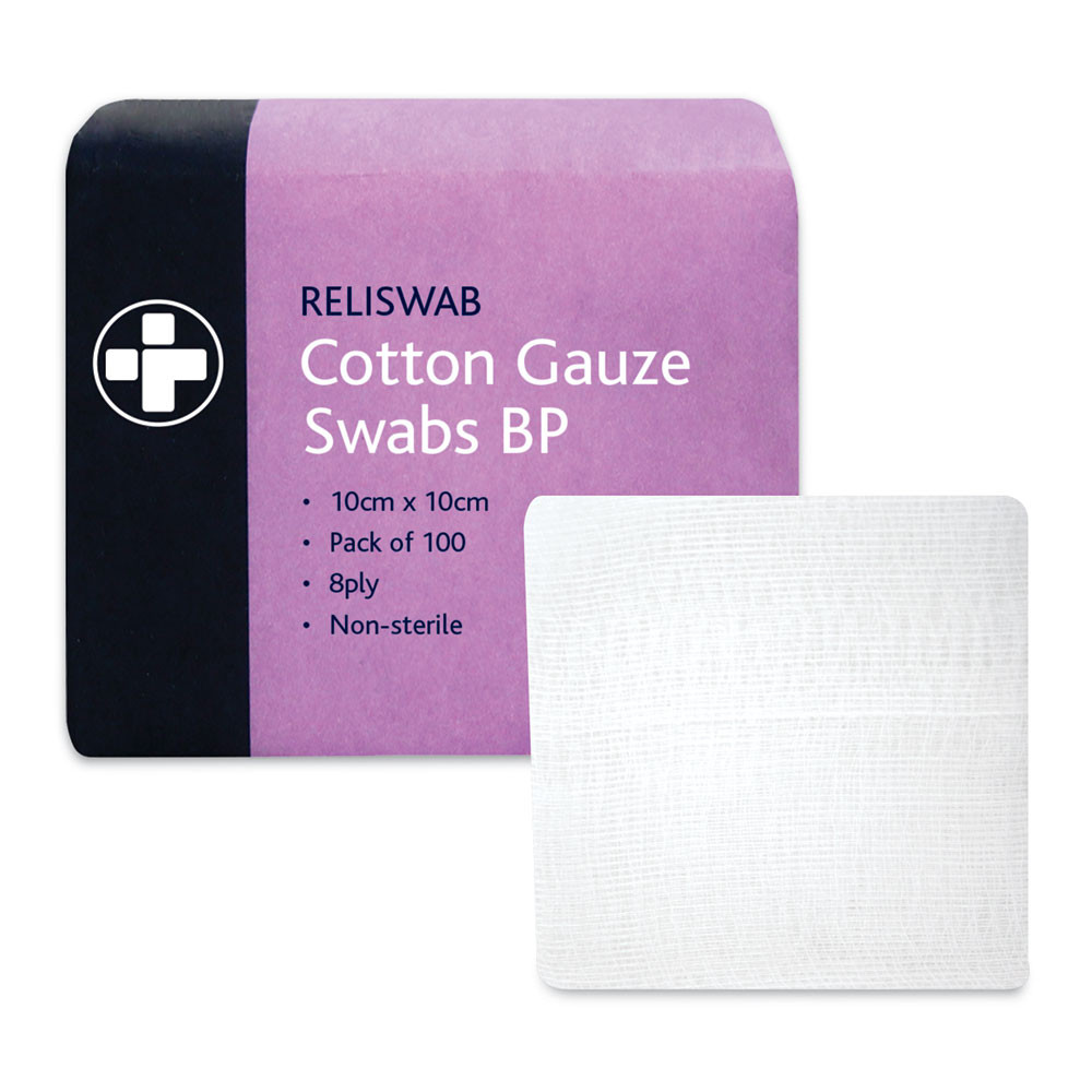 Reliswab Cotton Gauze Swabs BP - 8 Ply - 10cm x 10cm - Pack of 100