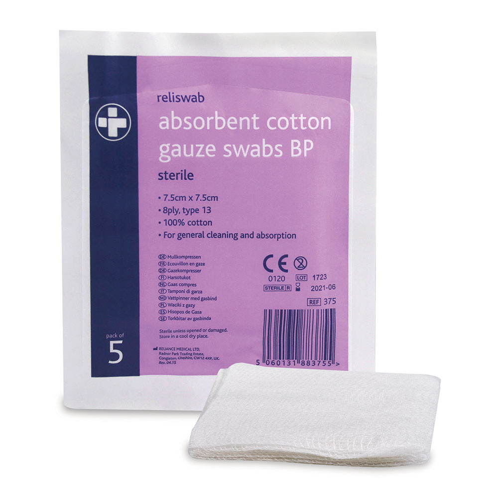 Reliswab Absorbent Cotton Gauze Swabs BP - 8 Ply - 7.5cm x 7.5cm - Pack of 5