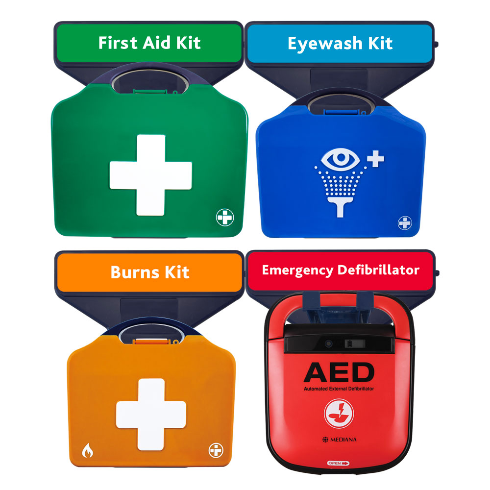 AuraPoint - 4 Unit Point - Large BS8599-1 First Aid Kit, Double Eyewash Station, Burn Kit and Mediana A15 HeartOn Semi Automatic Emergency Defibrillator